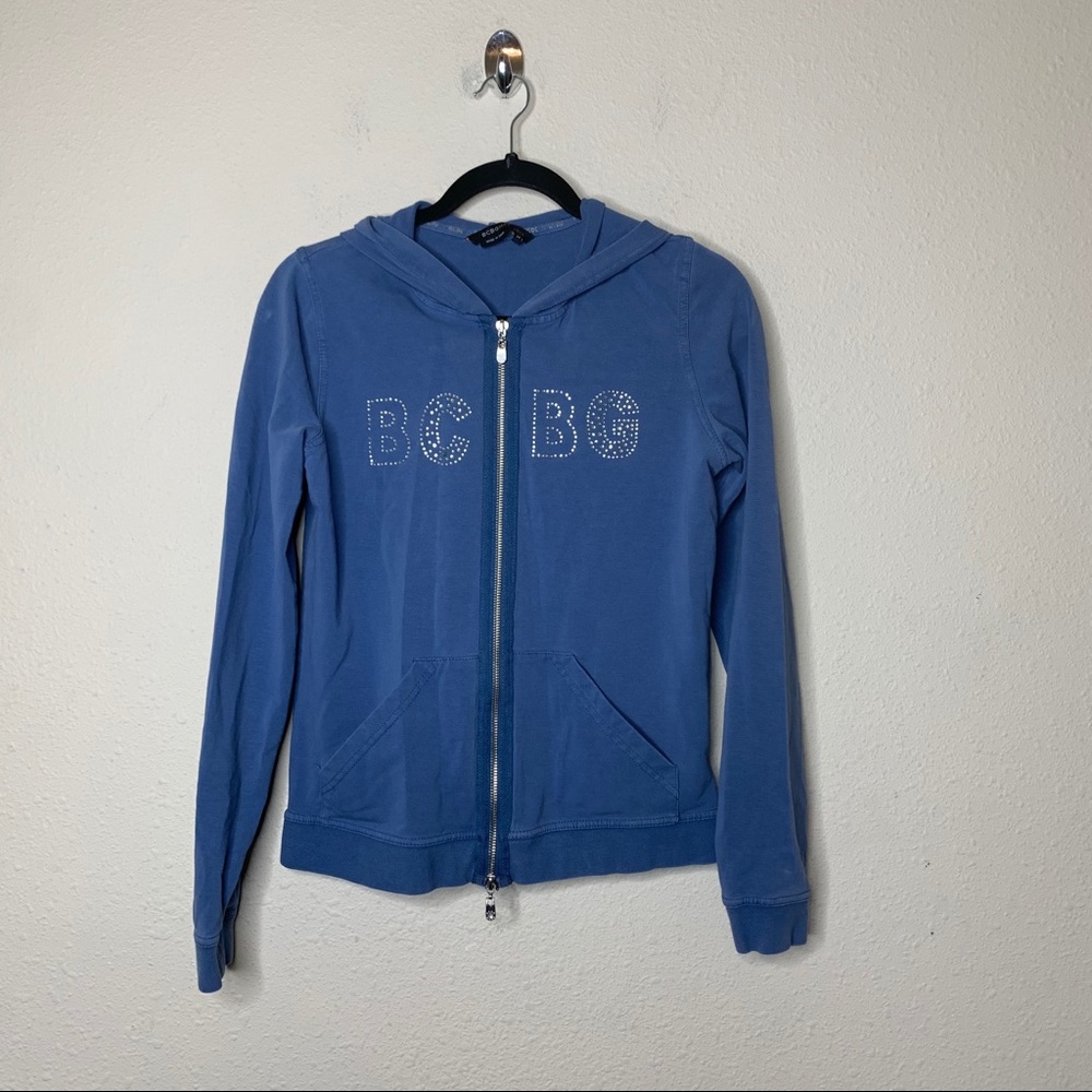 BCBGMaxAzria Blue Rhinestone Hooded Track Jacket